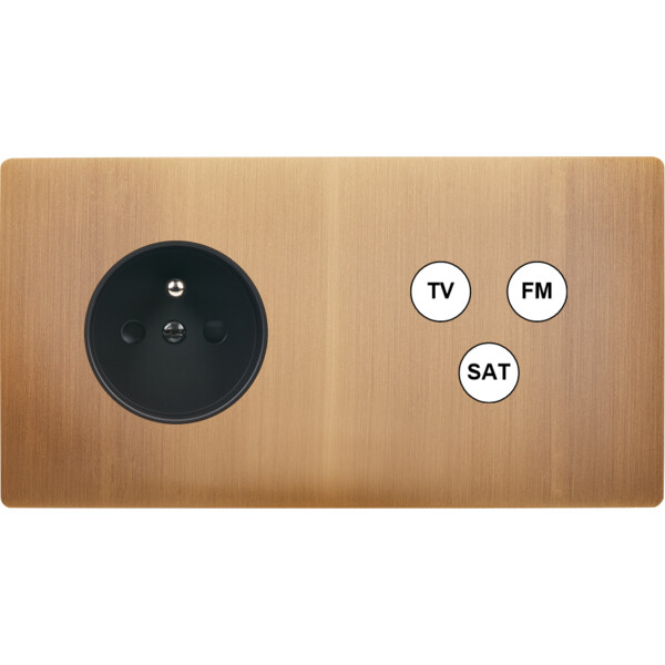 Façade "m" laiton vieux bronze double horizontale 1 prise 1 tv-fm-sat sans vis - Modelec - 265517M