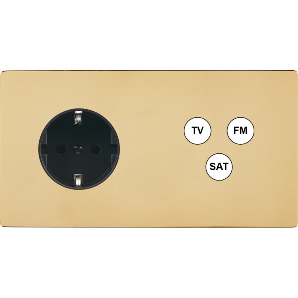 Façade "m" laiton miroir double horizontale 1 prise schuko 1 tv-fm-sat sans vis - Modelec - 265543M-K