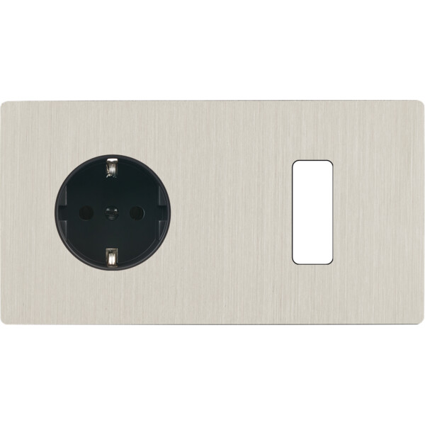 Façade "m" nickel brossé double horizontale 1 prise schuko 1 bouton sans vis - Modelec - 277511M-K