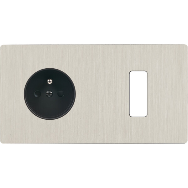 Façade "m" nickel brossé double horizontale 1 prise 1 bouton sans vis - Modelec - 277511M