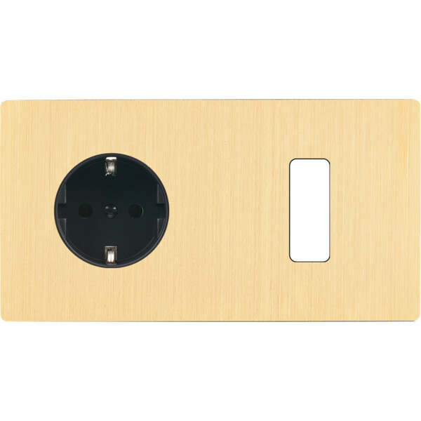 Façade "m" laiton brossé double horizontale 1 prise schuko 1 bouton sans vis - Modelec - 277512M-K