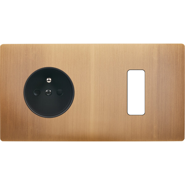 Façade "m" laiton vieux bronze double horizontale 1 prise 1 bouton sans vis - Modelec - 277517M
