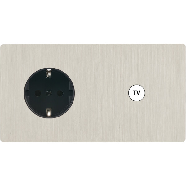Façade "m" nickel brossé double horizontale 1 prise schuko 1 prise tv sans vis - Modelec - 279511M-K