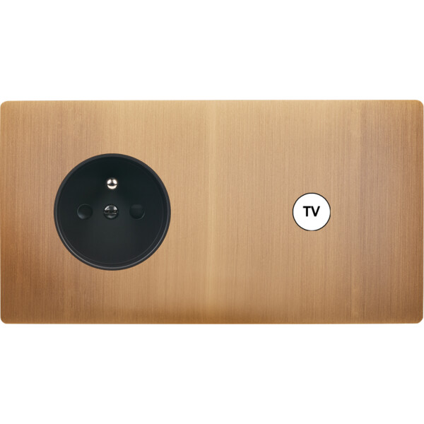 Façade "m" laiton vieux bronze double horizontale 1 prise 1 prise tv sans vis - Modelec - 279517M