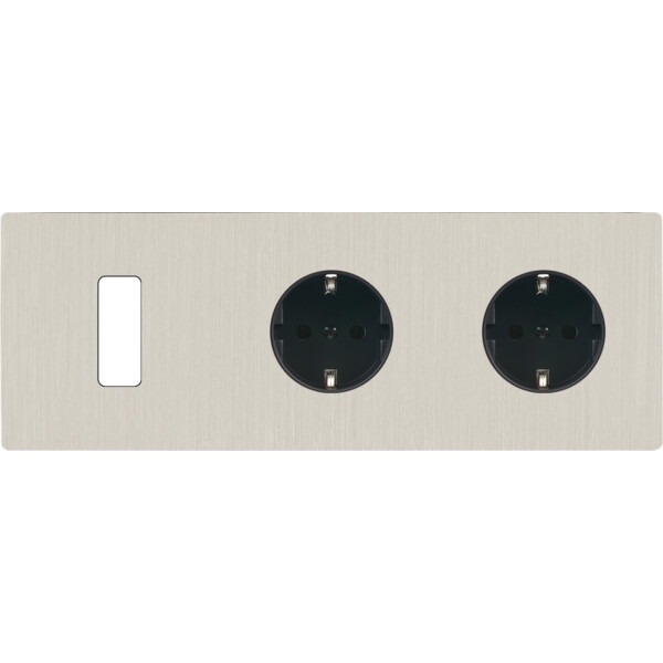 Façade "m" nickel brossé triple horizontale 1 bouton 1 prise schuko 1 prise schuko sans vis - Modelec - 311511M-K
