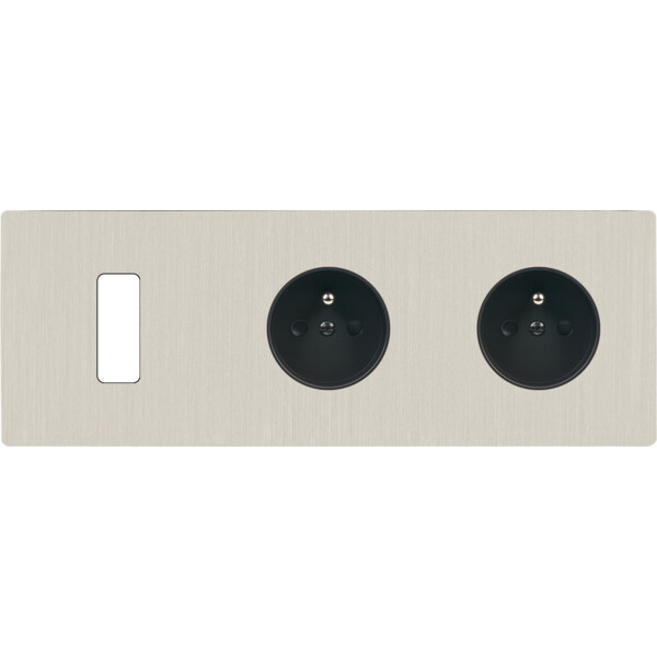 Façade "m" nickel brossé triple horizontale 1 bouton 1 prise 1 prise sans vis - Modelec - 311511M