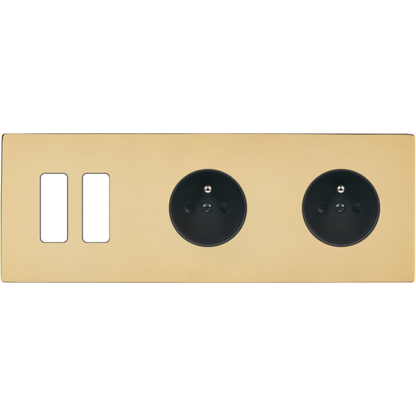 Façade "m" laiton verni triple horizontale 2 boutons 1 prise 1 prise sans vis - Modelec - 312542M