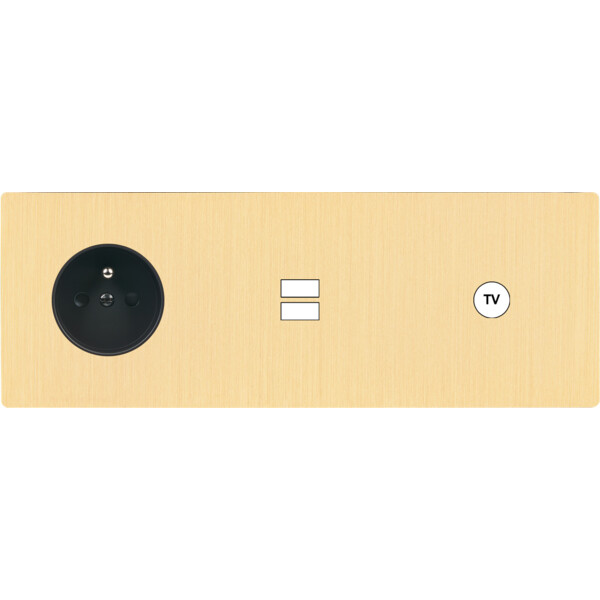 Façade "m" laiton brossé triple horizontale 1 prise 1 chargeur usb 1 prise tv sans vis - Modelec - 332512M