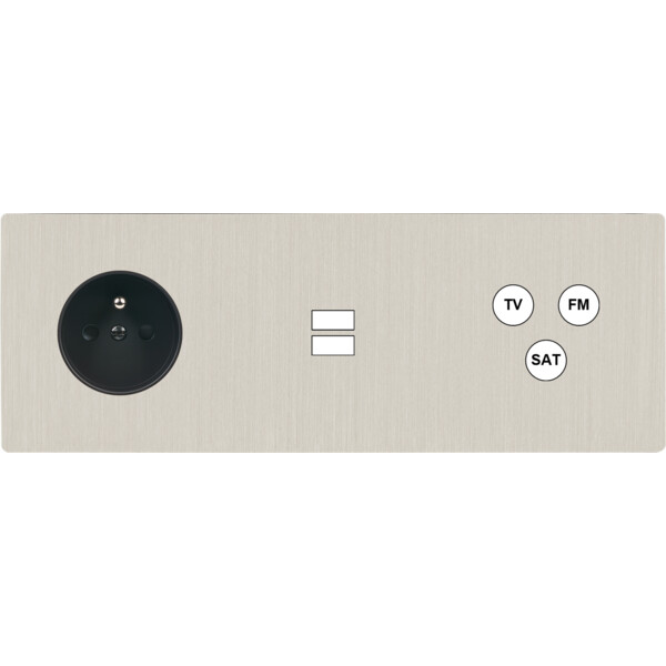 Façade "m" nickel brossé triple horizontale 1 prise 1 chargeur usb 1 tv-fm-sat sans vis - Modelec - 333511M