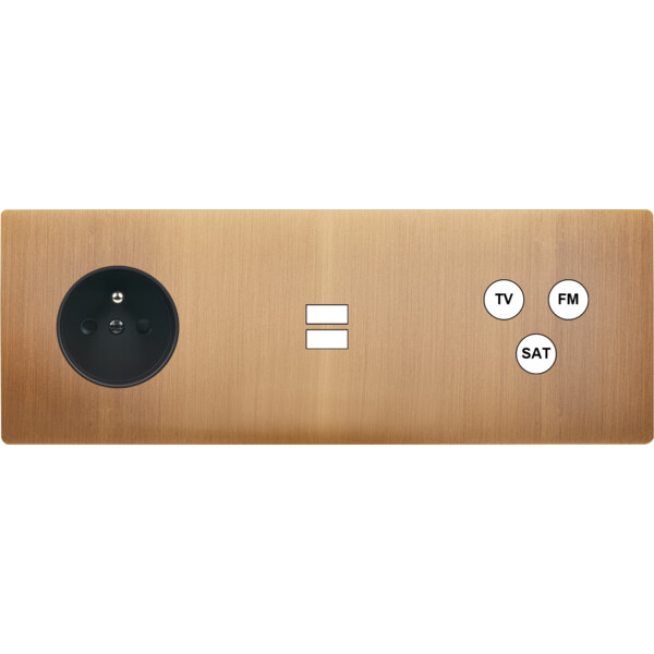 Façade "m" laiton bronze tripl horiz 1 prise 1 chargeur usb 1 tv-fm-sat sans vis - Modelec - 333517M