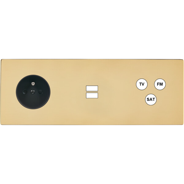 Façade "m" laiton verni triple horizontale 1 prise 1 chargeur usb 1 tv-fm-sat sans vis - Modelec - 333542M