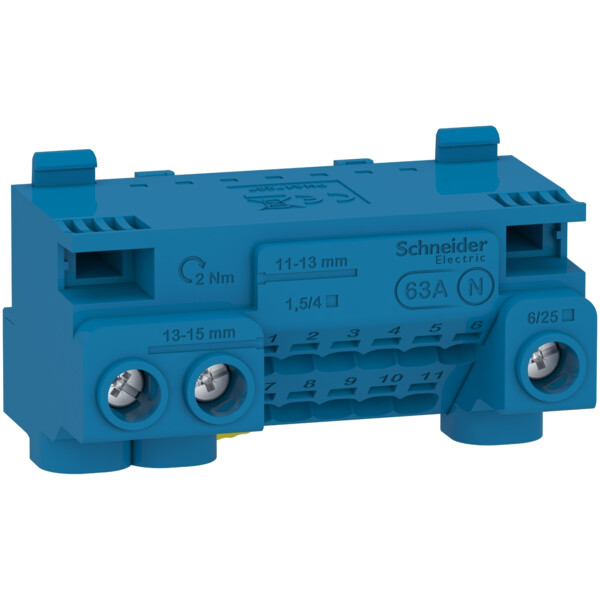 Resi9 - bornier neutre 63a + cavalier - auto 11x1,5 à 4² - vis 3x6 à 25² - Schneider Electric - LGYT1N14