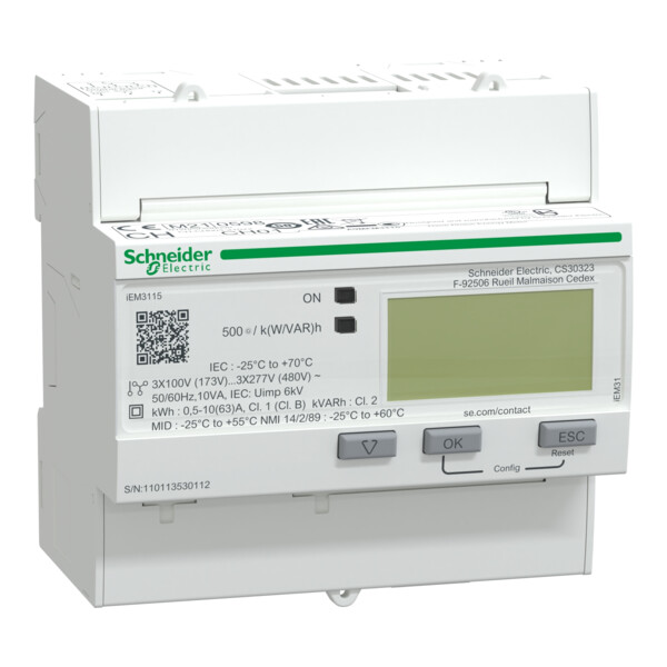 Compteur d'énergie triphasé 63A Schneider Acti9 iEM multitarif - MID - Schneider Electric - A9MEM3115