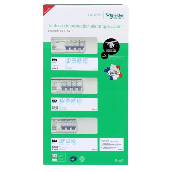 Tableau de protection électrique câblé Schneider logement du t3 au t5 - 3 rangées 13 modules XE - Schneider Electric - R9H313SE02