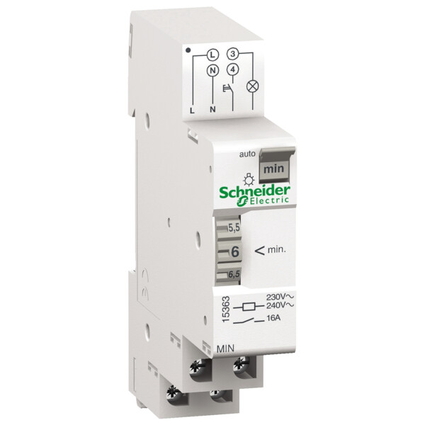 Minuterie d'escalier Schneider Acti9 MIN électromécanique 16A 230V réglable de 1 à 7mn - Schneider Electric - 15363