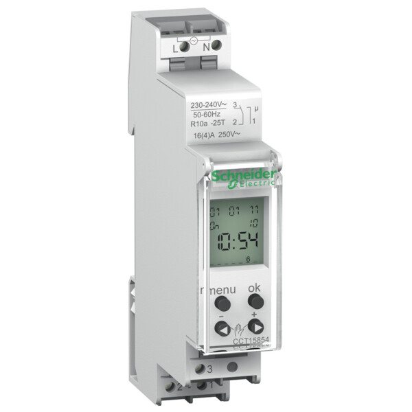 Interrupteur horaire Schneider CCT15854 – Acti9 IHP – 1 canal – 24h/7j – 56 programmes – réserve de marche – 1 module - Schneider Electric - CCT15854