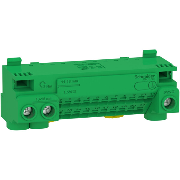 Bornier de terre Schneider Resi9 63A avec cavalier automatique 21x1,5 à 4 mm² vis 3X6 à 25mm²  - Schneider Electric - LGYT1E24