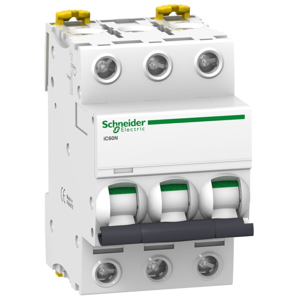 Disjoncteur 3P 20A Courbe C – Schneider Acti9 iC60N 400VCA, 6000A (10kA) - Schneider Electric - A9F77320