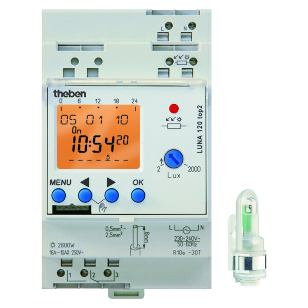 Interrupteur crépusculaire digital 2 a 2000 lux duofix cellule  saillie1no+1nf 16 a pro - Theben - 1200100