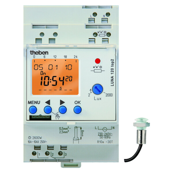Interrupteur crépusculaire digital 2 a 2000 lux duofix cellule  encastree 1no+1nf 16 a - Theben - 1200200