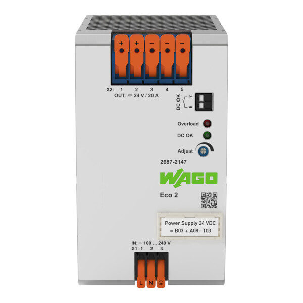Alimentation à découpage ECO 2 monophasée 230 V AC / 24 V DC - 20 A - Wago - 26872147