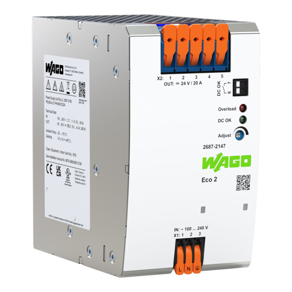 Alimentation à découpage ECO 2 monophasée 230 V AC / 24 V DC - 20 A - Wago - 26872147