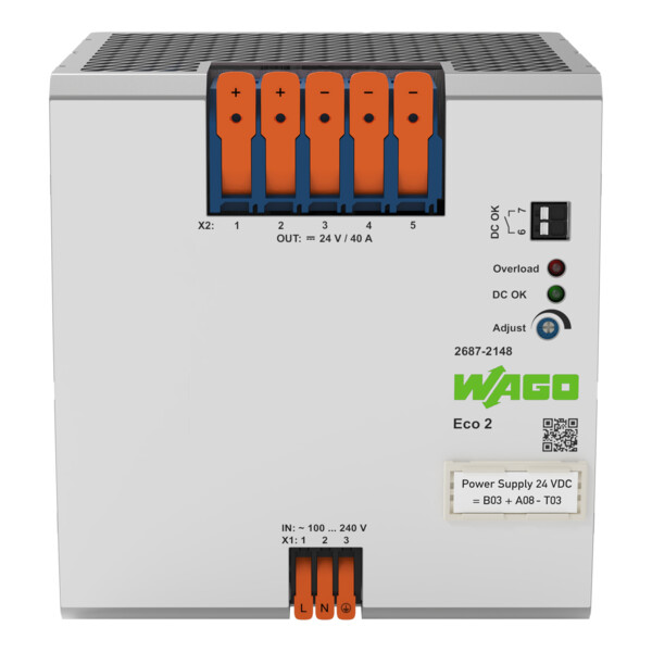 Alimentation à découpage ECO 2 monophasée 230 V AC / 24 V DC - 40 A - Wago - 26872148