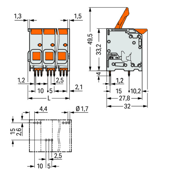 Borne pour circuits imprimés Levier 16mm² pas 10mm 4 pôles; noir - Wago - 26161104/020004