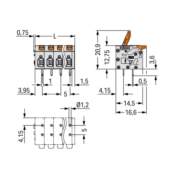 Borne pour circuits imprimés Levier 2,5mm² pas 5mm 7 pôles; gris - Wago - 26021107