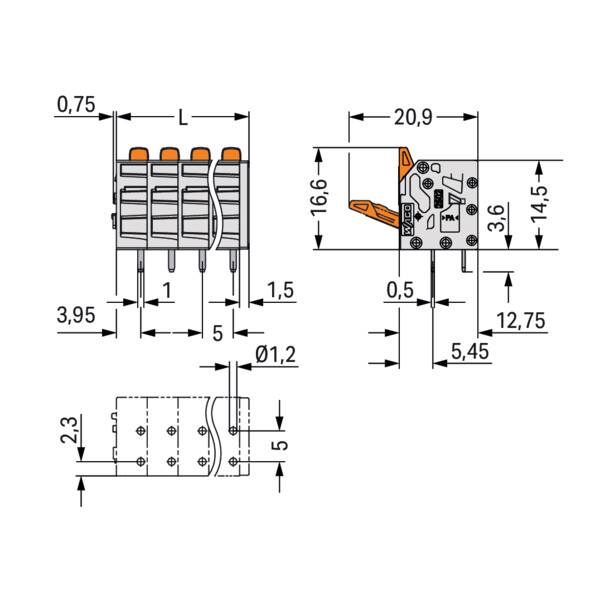 Borne pour circuits imprimés Levier 2,5mm² pas 5mm 11 pôles; gris - Wago - 26023111