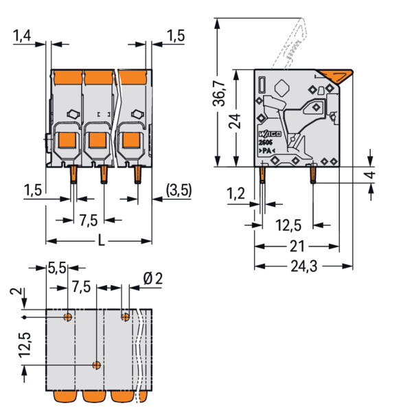 Borne pour circuits imprimés Levier 6mm² pas7.5mm 5 pôles; noir - Wago - 26061105/020004