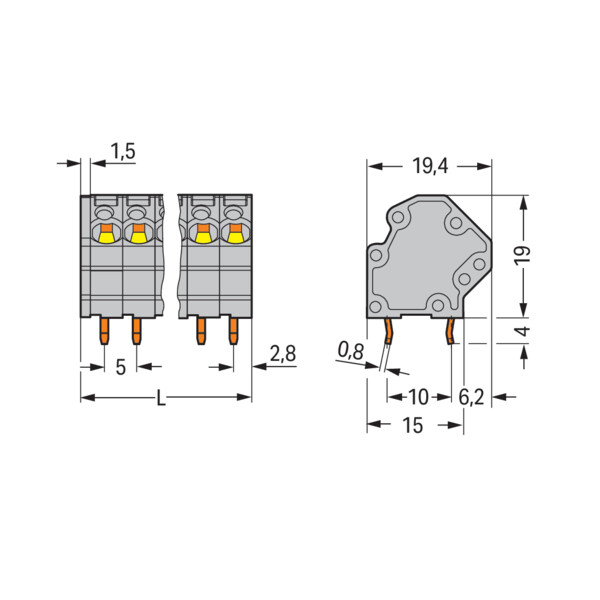 Borne pour circuits imprimés 4mm² pas 5mm 2 pôles; bleu - Wago - 7453102/000006