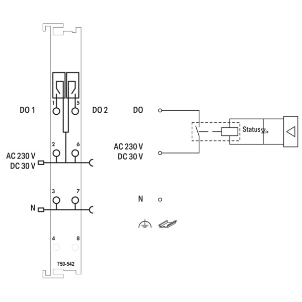 Borne 2 sorties relais 1T 250 V AC - 2 A - avec contacts de puissance - Wago - 750542