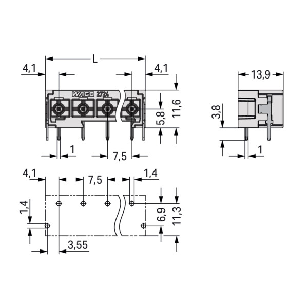 Connecteur mâle THT Broche à souder 1,0 x 1,0 mm incliné 0°; gris clair - Wago - 27243823/122000