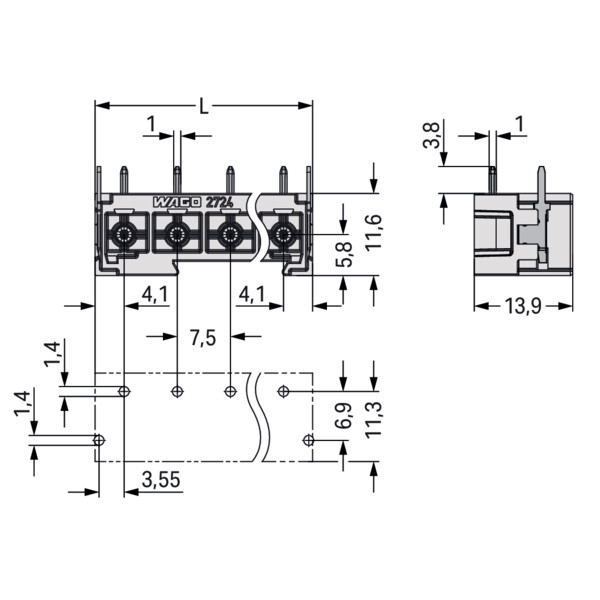 Connecteur mâle THT Broche à souder 1,0 x 1,0 mm incliné 180°; gris clair - Wago - 27243846/122000