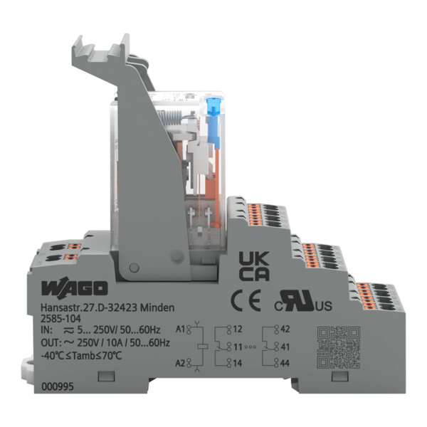 Embase avec relais 48 V DC - 4 RT, technologie Push-in avec bouton-poussoir - Wago - 2585345