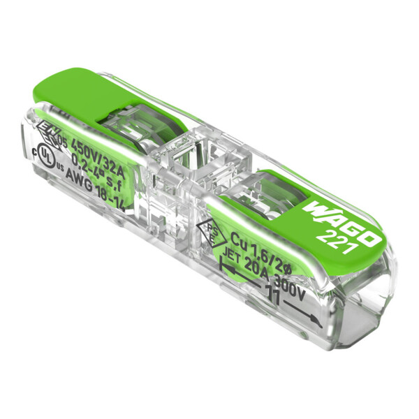 Borne de raccordement Wago 221 Green 2x4mm² à leviers (blister de 12 bornes) - Wago - 2212431/995012