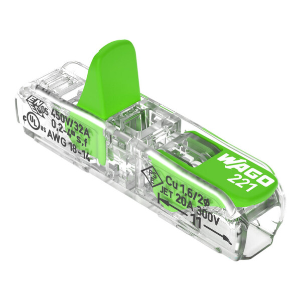 Borne de raccordement Wago 221 Green 2x4mm² à leviers (blister de 12 bornes) - Wago - 2212431/995012