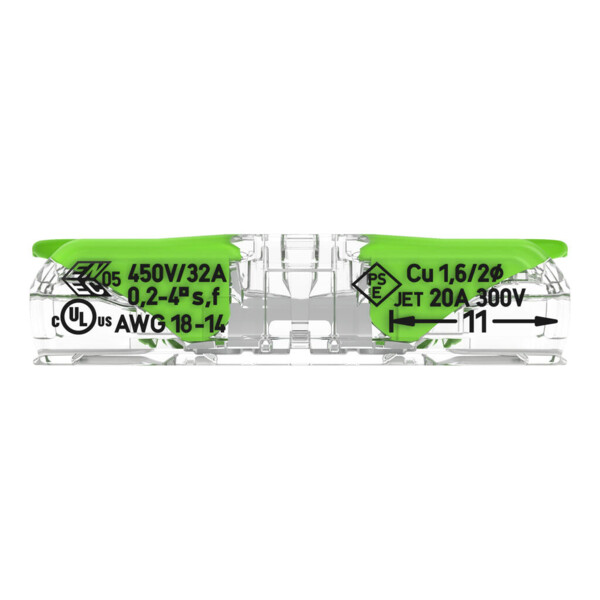Borne de raccordement Wago 221 Green 2x4mm² à leviers (blister de 12 bornes) - Wago - 2212431/995012