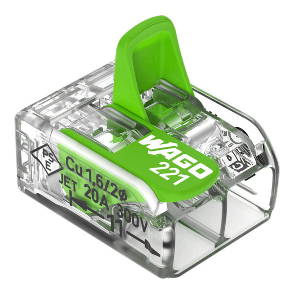 Borne de raccordement Wago 221 Green 2x4mm² à leviers (blister de 16 bornes) - Wago - 221422/995016