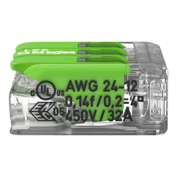 Borne de raccordement Wago 221 green 3x4mm² à leviers (blister de 12 bornes) - Wago - 221423/995012