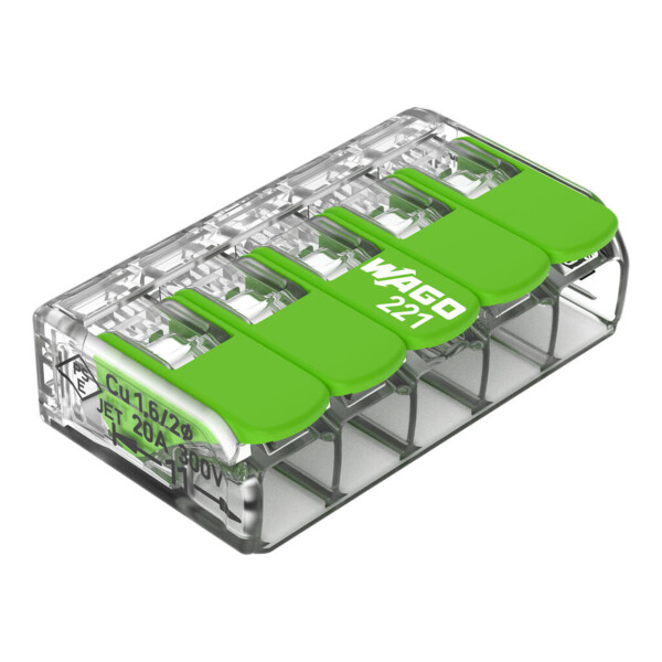 Borne de raccordement Wago 221 Green 5x4mm² à leviers (blister de 8 bornes) - Wago - 221425/995008