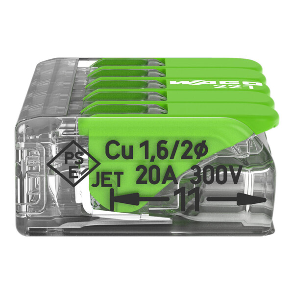 Borne de raccordement Wago 221 Green 5x4mm² à leviers (blister de 8 bornes) - Wago - 221425/995008
