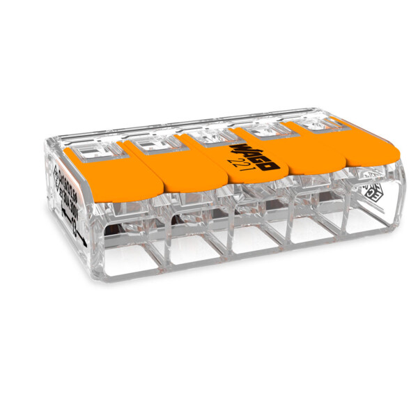 Mini borne 5 conducteurs max. 6mm² Wago borne d'installation universelle pour types de conducteurs, avec leviers de manipulation - Wago - 221615