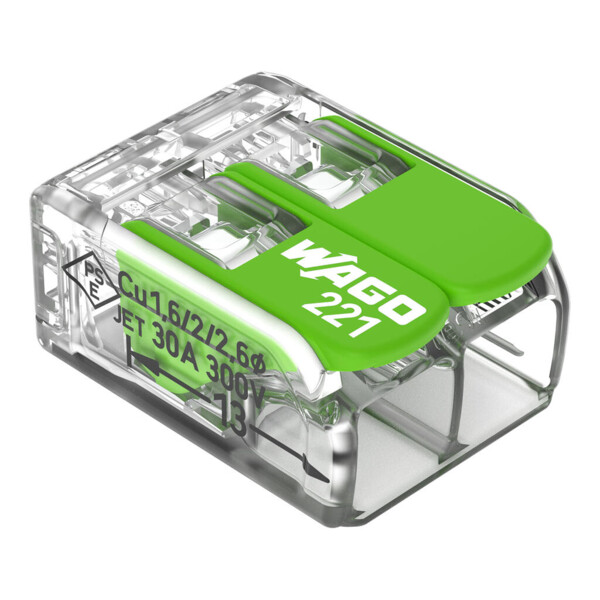 Borne de raccordement Wago 221 Green 2x6mm² à leviers (Blister de 10 bornes) - Wago - 221622/995010