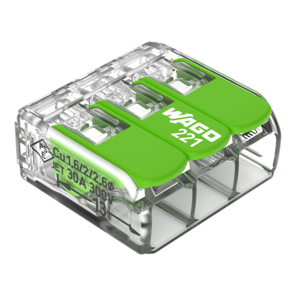 Borne de raccordement Wago 221 Green 2x6mm² à leviers (blister de 8 bornes) - Wago - 221623/995008