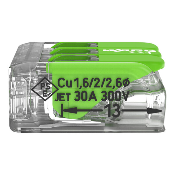 Borne de raccordement Wago 221 Green 2x6mm² à leviers (blister de 8 bornes) - Wago - 221623/995008