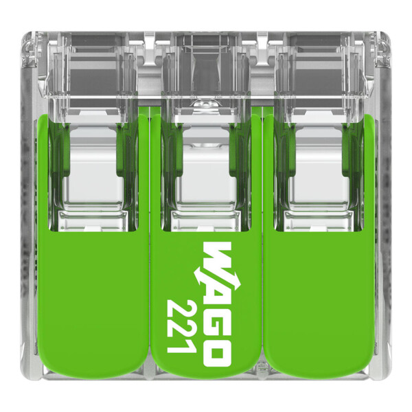 Borne de raccordement Wago 221 Green 2x6mm² à leviers (blister de 8 bornes) - Wago - 221623/995008