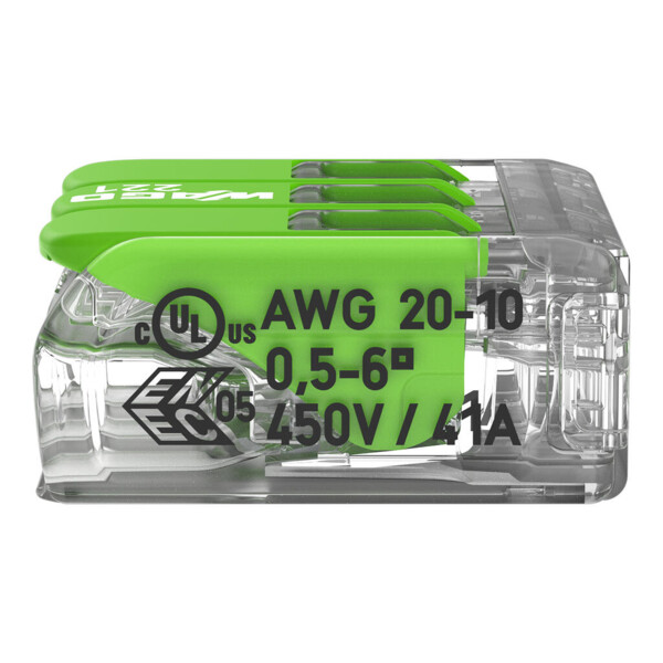 Borne de raccordement Wago 221 Green 3x6mm² à leviers - Wago - 221623