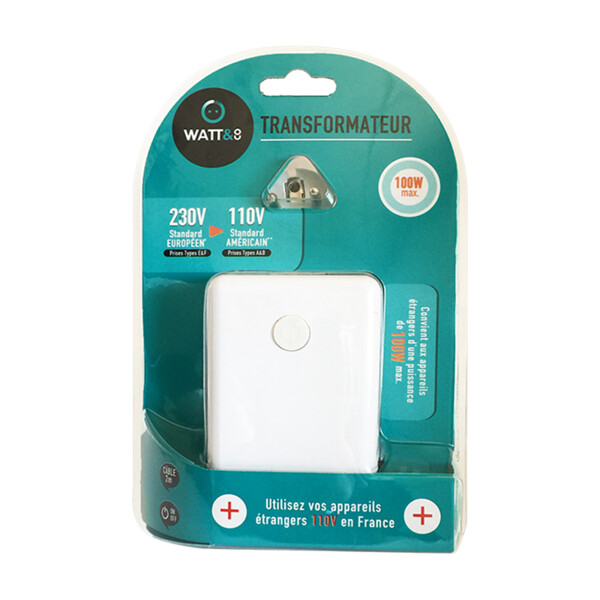 Transformateur 220v-110v europe vers stantdard usa. puissance 100w max. fusible de protection. interrupteur on/off. câble 1.50m - Watt&co - TR230-115-100B